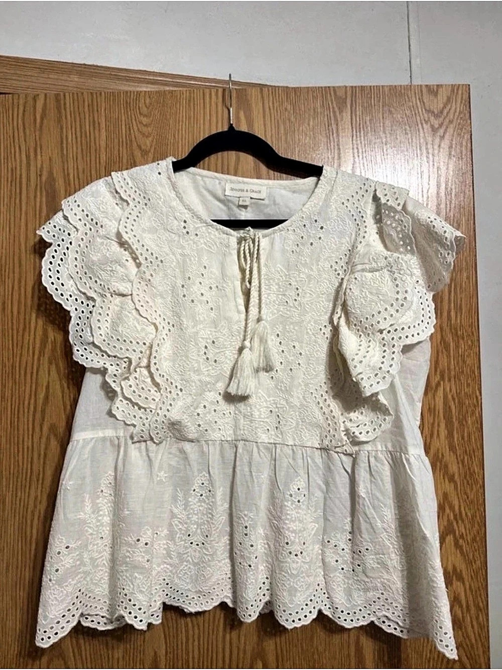 Jennifer & Grace Eyelet Embroidered Ruffle Sleeve Top White XL
